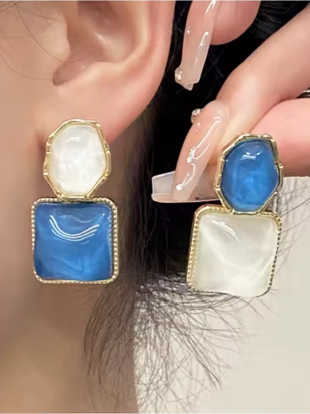 Vitage Gold-Trim Blue & white Cream Marble Geometric Drop Earrings - Picture 4 of 4